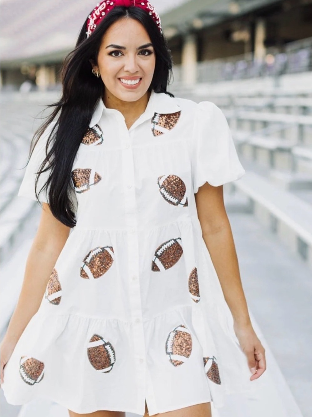 White Sequin Football Tiered Mini Dress